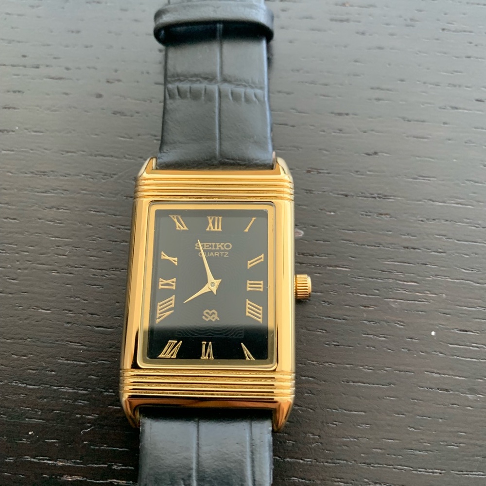 COPY - Vintage Seiko Reverso Frame Tank Watch Black Dial Gold Bezel